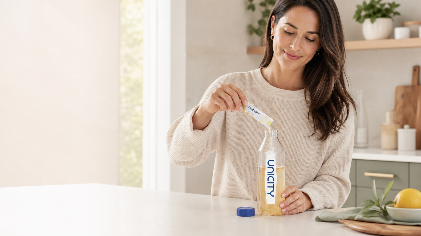 Žena priprema Unimate napitak u službenoj Unicity boci