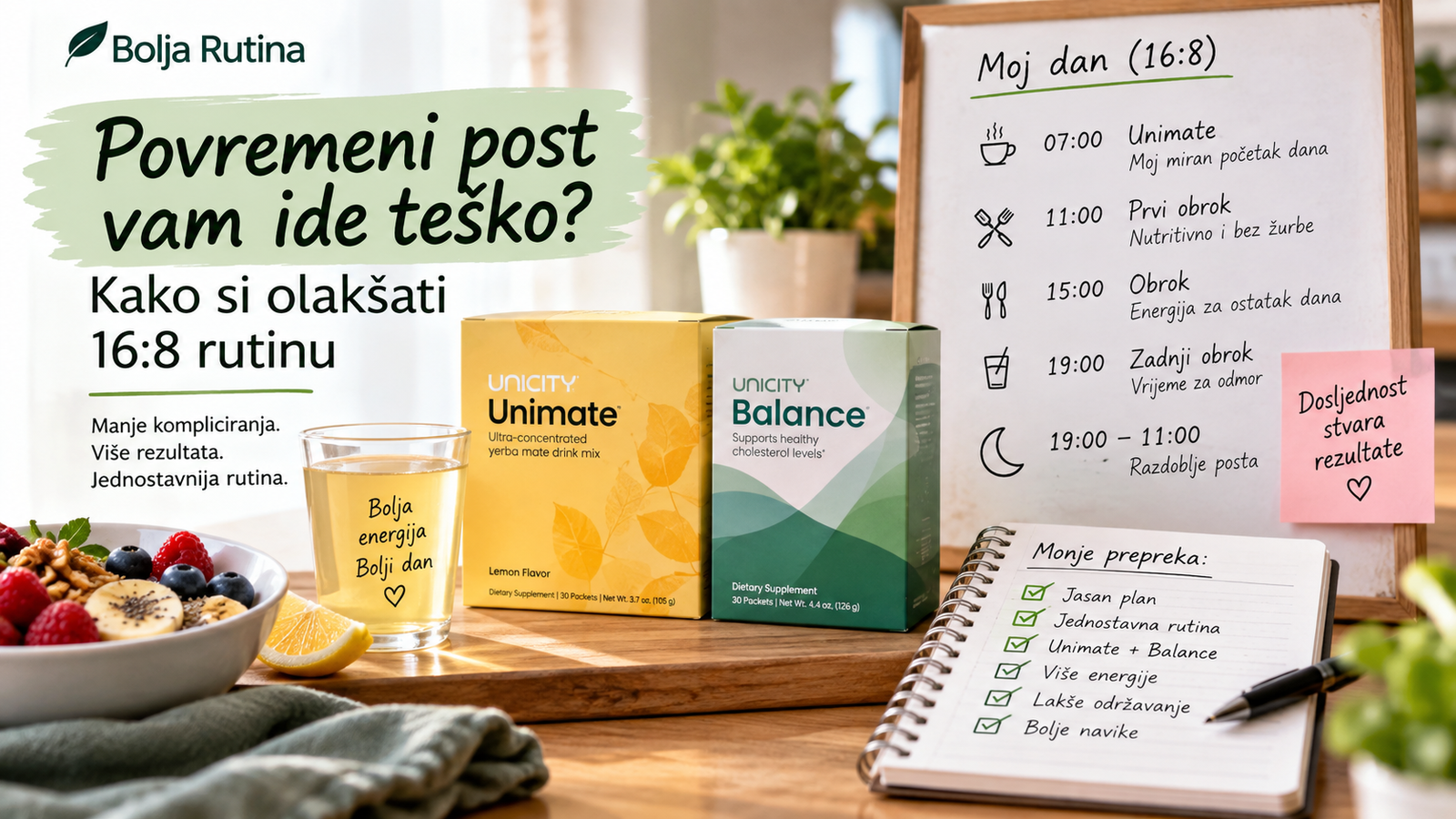 Kako si olakšati povremeni post – 16:8 rutina uz Unimate i Balance